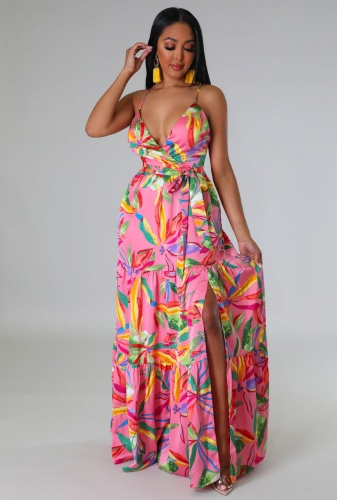 Floral print backless  lace-up maxi dress