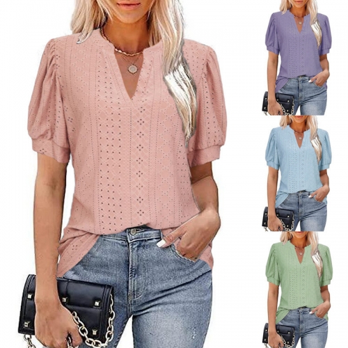 Casual loose v-neck hollowed-out bubble sleeve T-shirt