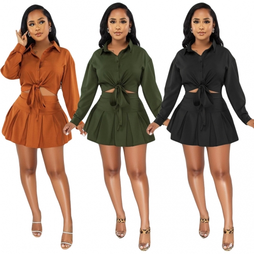 Knotted shirt pleated skirt set