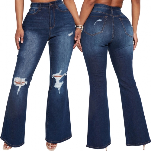 High-waist stretch perforated denim flared pants