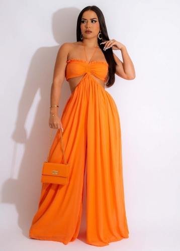 Chiffon chest wrap backless wide leg jumpsuit