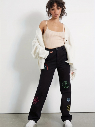 Fashion black embroidered jeans