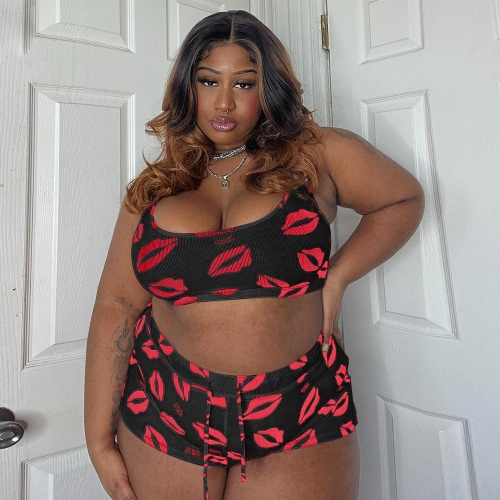 Plus Size Lip Print Lace Up Shorts set