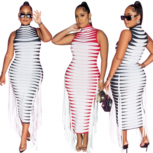 Tassel High Neck Stripe Print Dress
