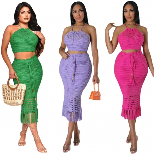 Tassel fishing net knitted skirt set