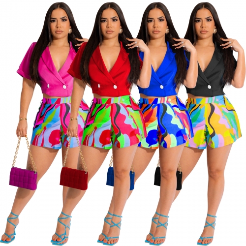 Double breasted suit printed shorts set