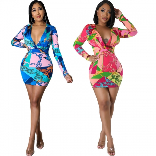 Sexy printed V-neck mini dress