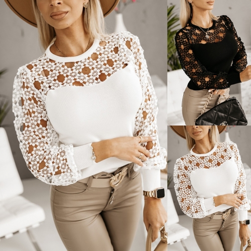 Sexy Round Neck Cutout Lace Long Sleeve Shirt