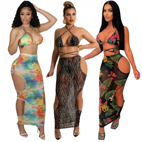 Sexy cut-out printed three-piece bikini set