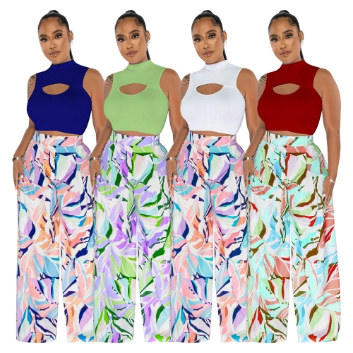 Hollow out printed wide leg pants set