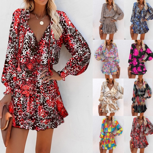 Printed V-neck Long Sleeve Dress