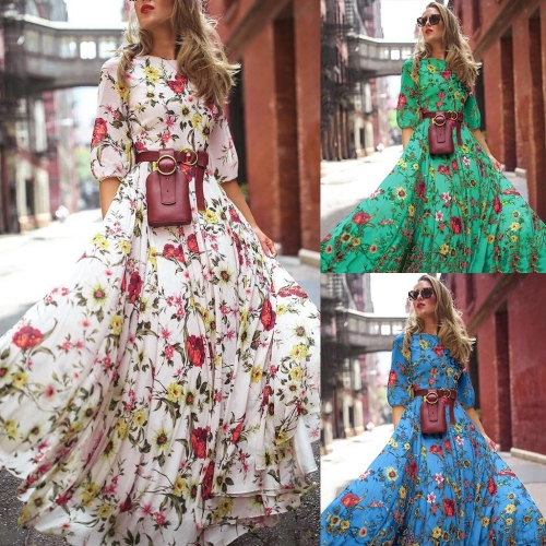 Temperament chiffon floral print maxi dress