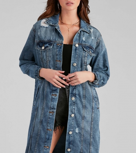 Fashion distressed long sleeved denim jacket