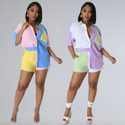 Color block patchwork shirt pocket shorts set