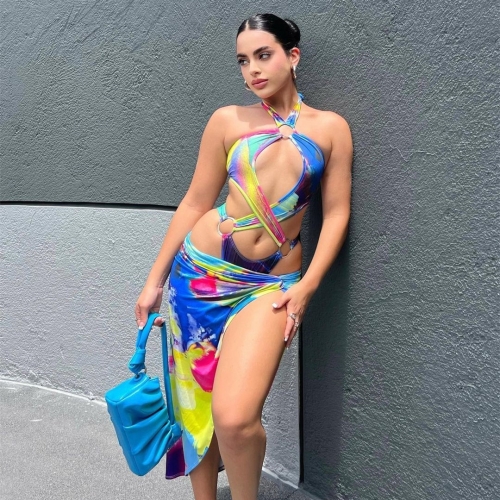 Sexy printed tie dyed one piece swimsuit two-piece set