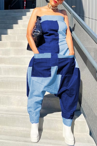 Casual denim patchwork jumpsuit