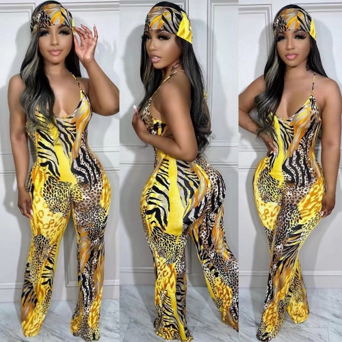 Animal print wide leg jumpsuit (with headscarf)