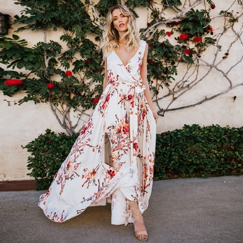 V-neck printed hollow out red flower long dress