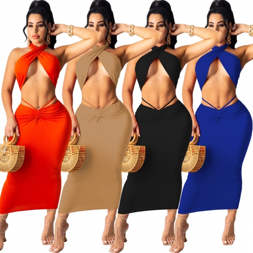 Hollow out pleated breast wrap skirt set