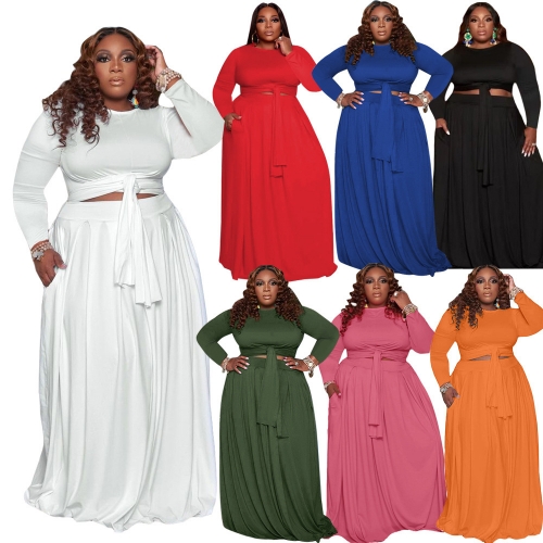 Plus size long sleeve knotted skirt set