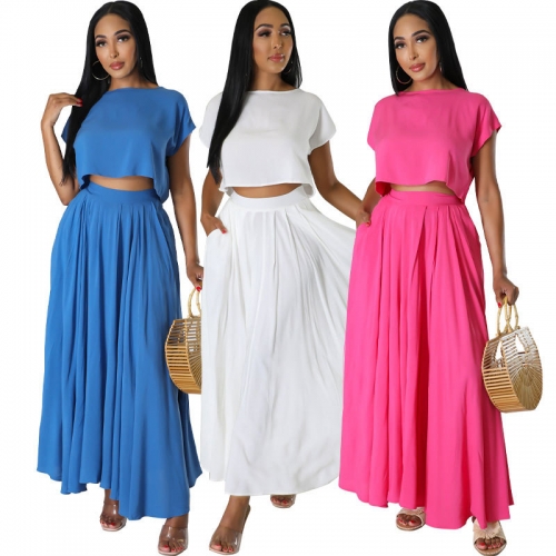Simple solid color pleated skirt set