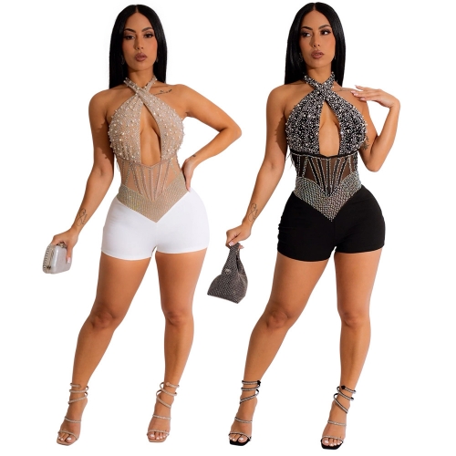 Sexy Hanging Neck Hollow Bubble Bead Romper