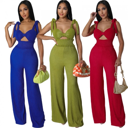 Lace up hollow pleated jumpsuit