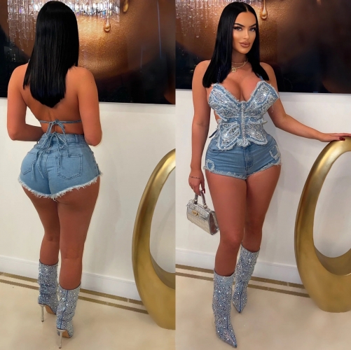 Denim Hot Diamond Butterfly Strap Irregular Shorts Set