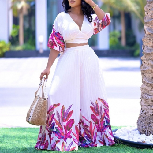 V-neck printed wide leg pants set