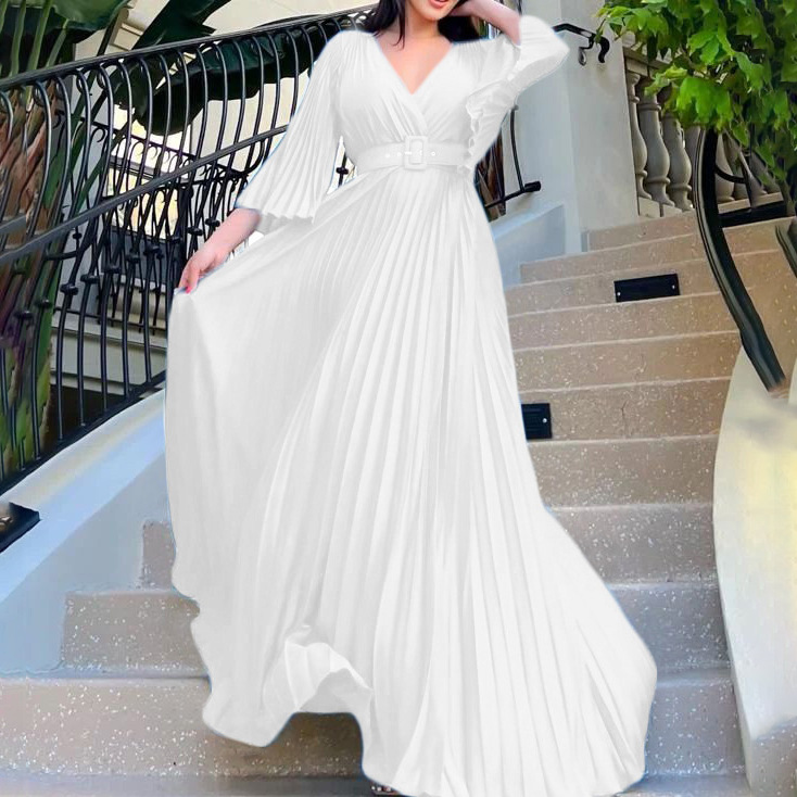 Ladies’ Notch V‑Neck Pleated Petal‑Sleeve Maxi Dress