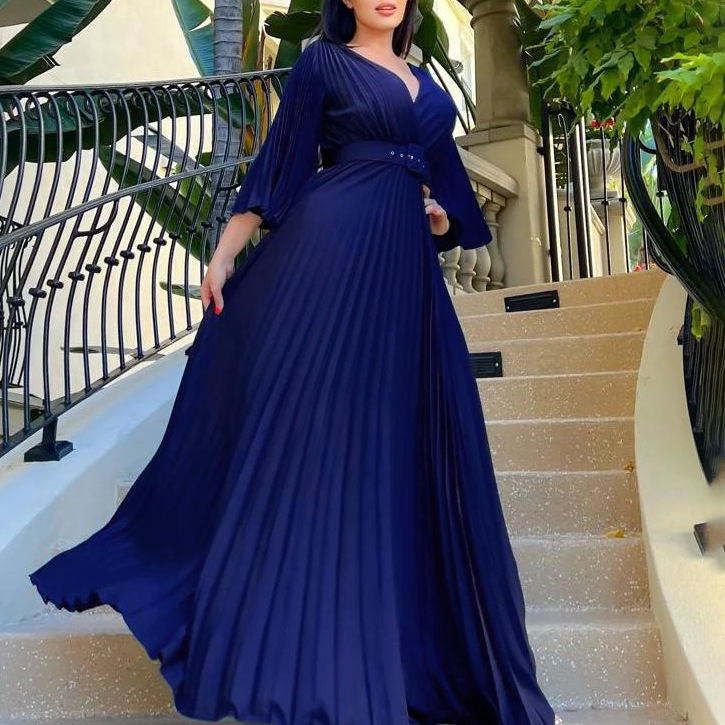 Pleated V-Neck Beaded Maxi Gown With Cap Sleeves Red main image 1