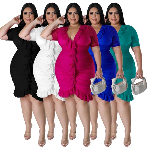 Sexy Mesh Perspective Double Ruffle Plus Size Short Sleeve Dress