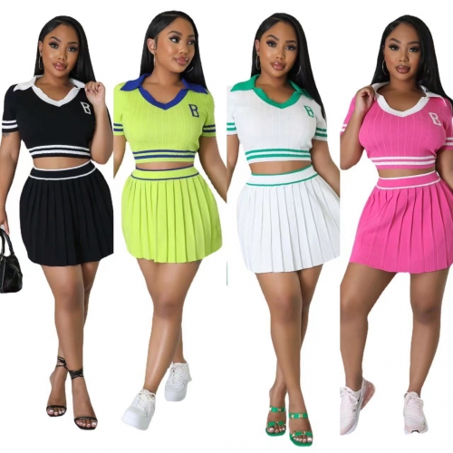 Knitted stretch sports color matching pleated skirt set