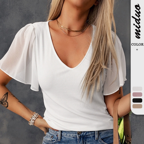 Casual V-neck threaded knit T-shirt top