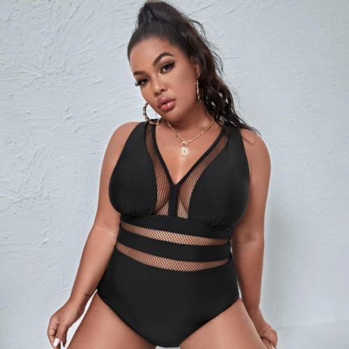 Spliced plus size mesh cut-out one piece swimsuit