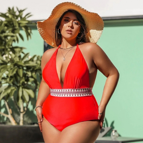 Plus size patchwork lace up one piece swimsuit