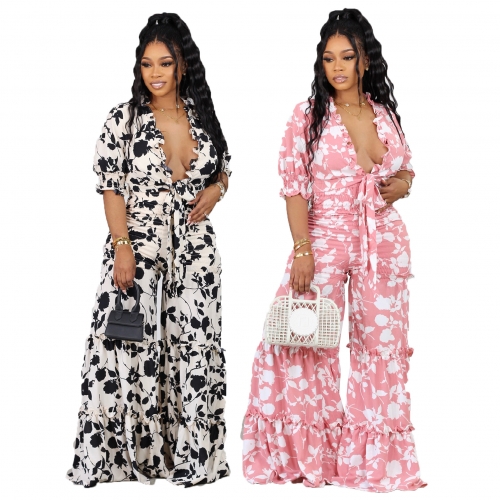 Knot floral printed wide leg pants set