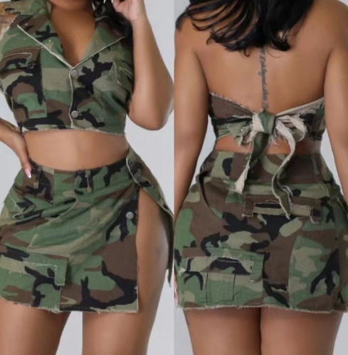Casual elastic strap open back top+skirt two-piece set