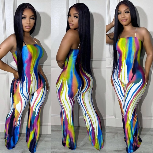 Strap graffiti positioning printed wide leg jumpsuit