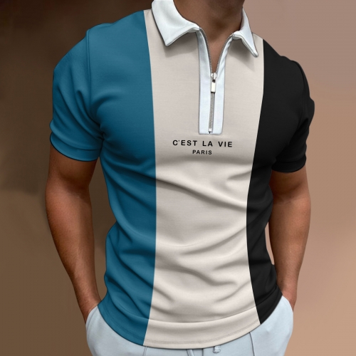 Color blocking zipper polo collar t-shirt