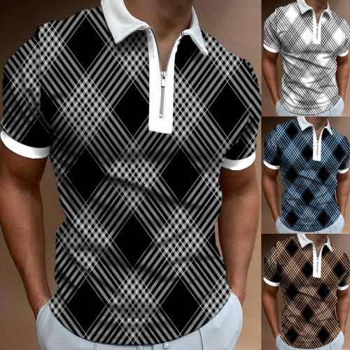 Spliced plaid printed polo collar t-shirt