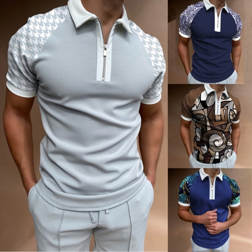 Man 3D printed lapel short sleeve zip polo shirt
