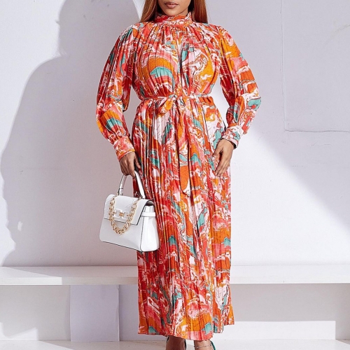 Long sleeved printed pleated tie up high neck dress