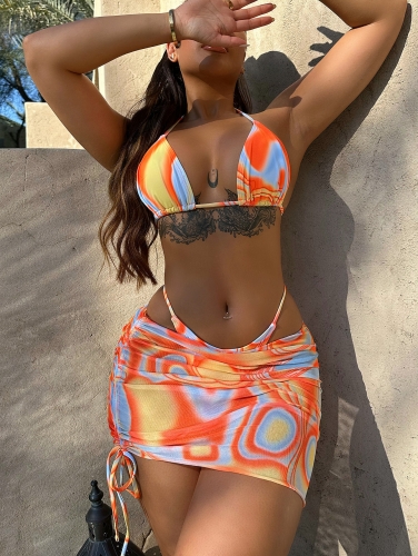 Printed drawstring three piece bikini set