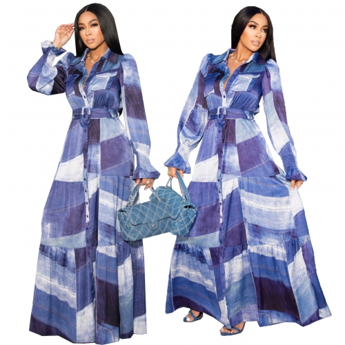 Imitation denim print color matching maxi dress