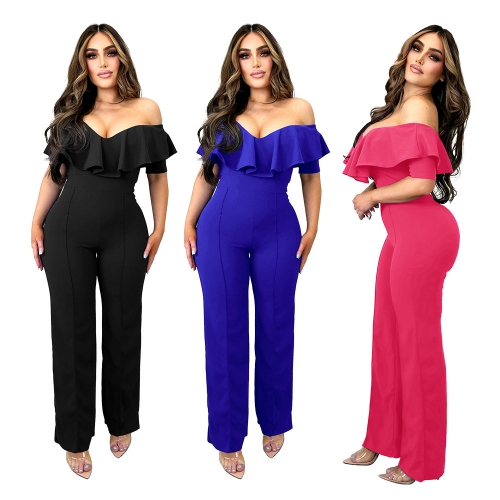 Off shoulder ruffled high waisted jumpsuit