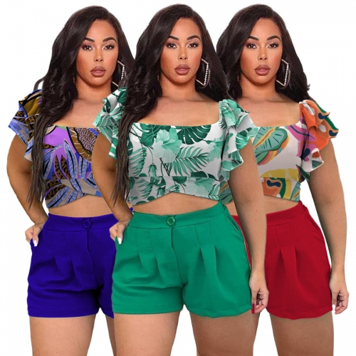Casual printed plus size lace up shorts set