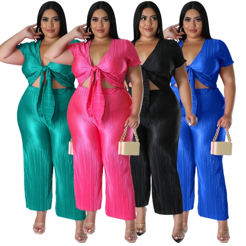Casual large strap top+pleated wide leg pants two-piece set