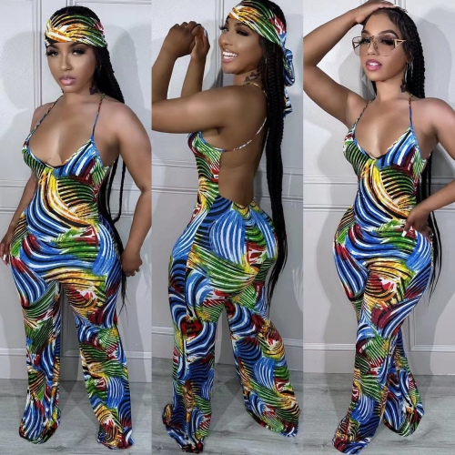 Backless printed jumpsuit (with headscarf)