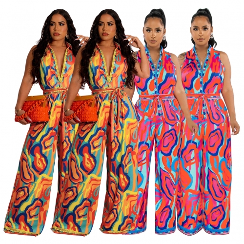 Colorful printed lace up wide leg jumpsuit